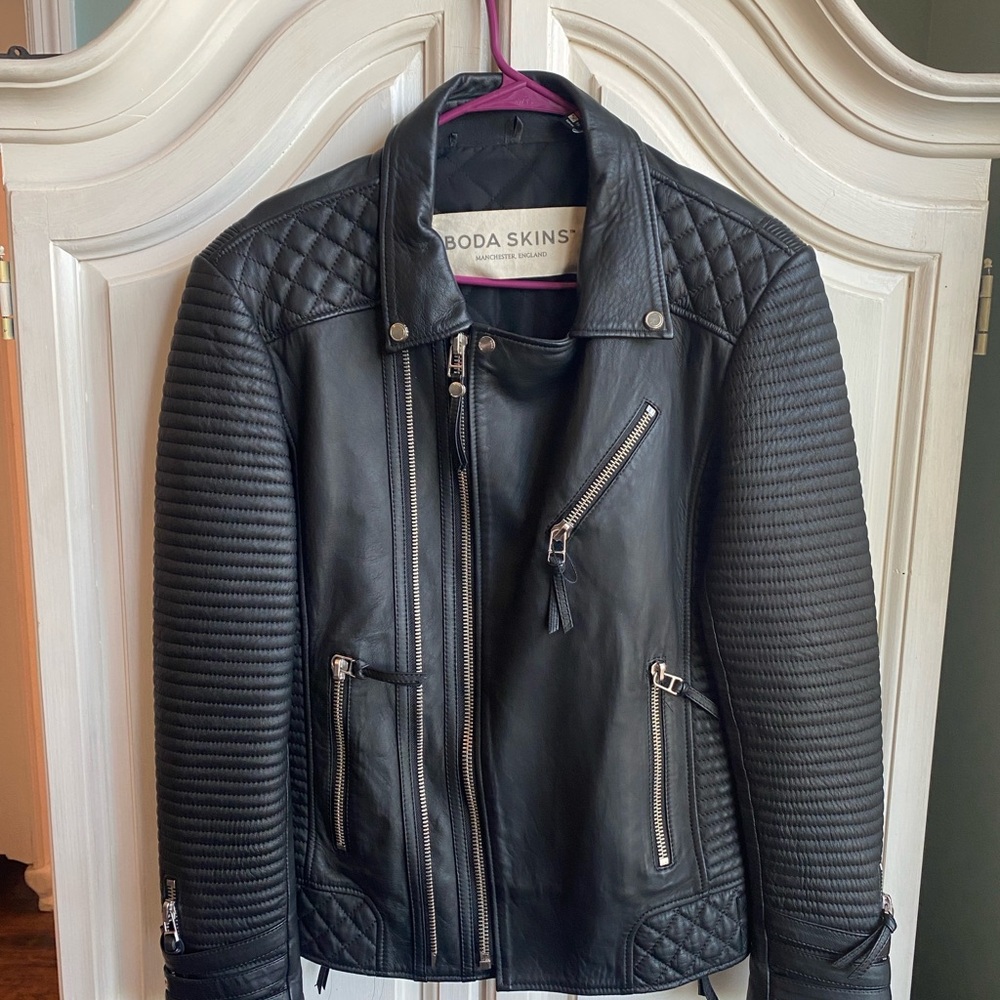 BODA SKINS  “Alexander” Black Leather Motorcycle Jacket with Quilted Shoulders